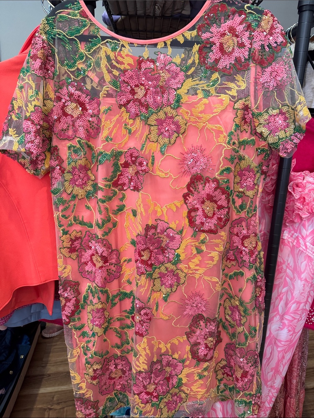Boston Proper Coral Mesh Tunic with Pink Floral Sequins